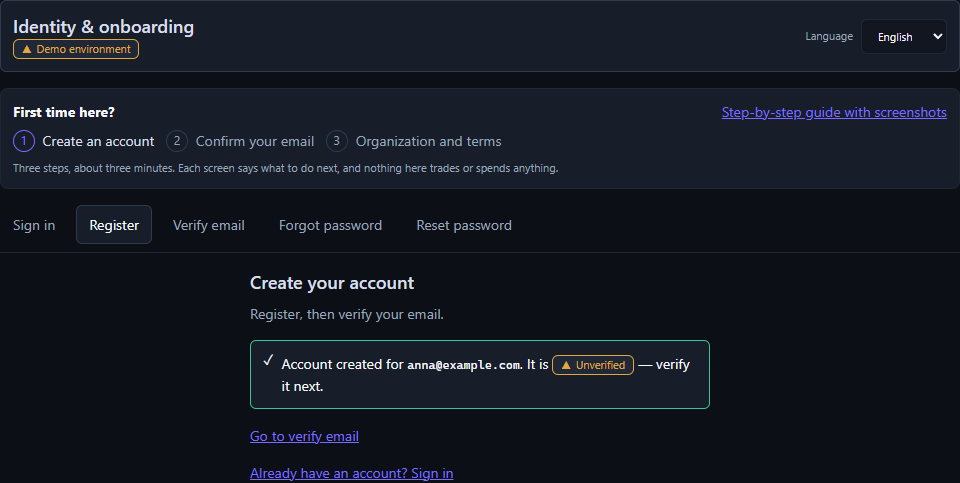 3. Account created, email sent
